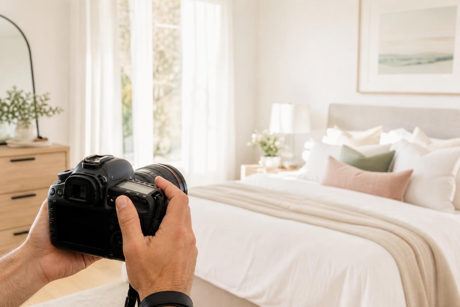 Photographer's hands holding a DSLR in a bright, pastel-styled bedroom